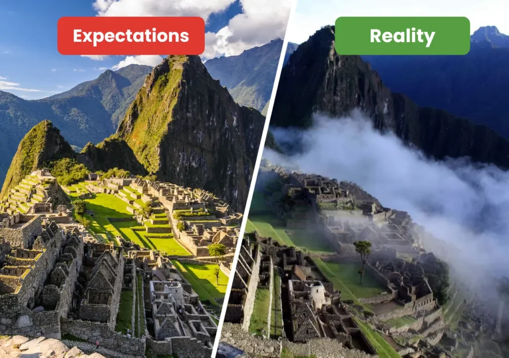 Picturesque Sunrise at Machu Picchu vs. Fog and Crowds