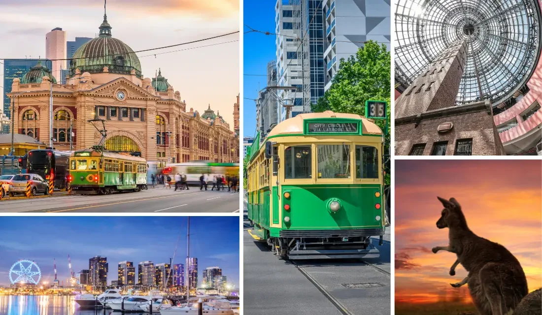 A collage of five images showcasing things to do in Melbourne for young adults: Flinders Street Station, a classic green tram on a city street, the shot tower under the dome at Melbourne Central, a waterfront cityscape at dusk, and a kangaroo silhouetted against a sunset.