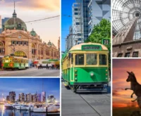 A collage of five images showcasing things to do in Melbourne for young adults: Flinders Street Station, a classic green tram on a city street, the shot tower under the dome at Melbourne Central, a waterfront cityscape at dusk, and a kangaroo silhouetted against a sunset.