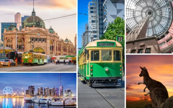 A collage of five images showcasing things to do in Melbourne for young adults: Flinders Street Station, a classic green tram on a city street, the shot tower under the dome at Melbourne Central, a waterfront cityscape at dusk, and a kangaroo silhouetted against a sunset.