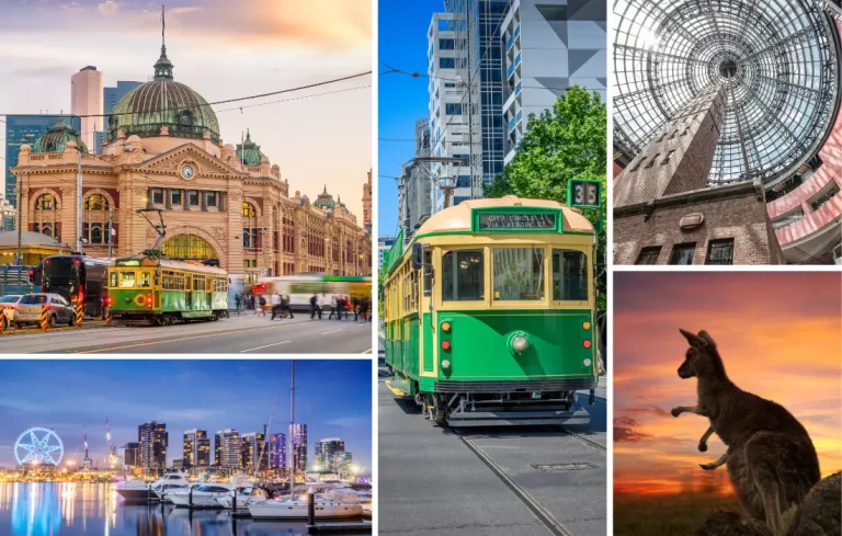 A collage of five images showcasing things to do in Melbourne for young adults: Flinders Street Station, a classic green tram on a city street, the shot tower under the dome at Melbourne Central, a waterfront cityscape at dusk, and a kangaroo silhouetted against a sunset.