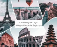 A collage image of a traveller's journey. There's a photo of the Eiffel Tower in Paris, France. A photo of a hot air balloon in Cappadocia,Turkey. A photo of the Great Wall of China. A photo of the Colosseum in Rome, Italy. A photo of a temple in Bali, Indonesia. The text "Is Travellergram Legit? A Helpful Guide for Beginners" is written on the image.