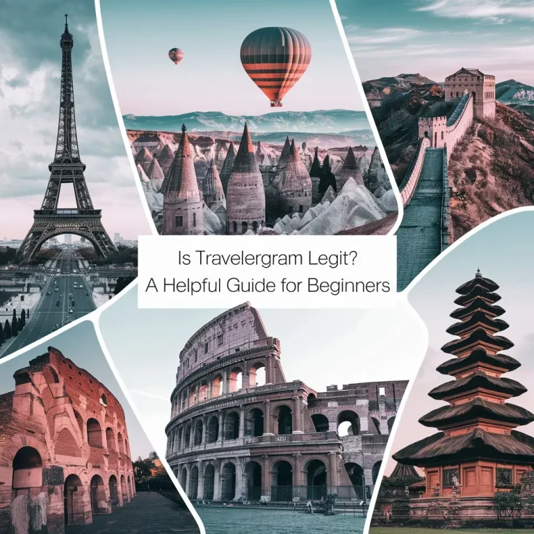 A collage image of a traveller's journey. There's a photo of the Eiffel Tower in Paris, France. A photo of a hot air balloon in Cappadocia,Turkey. A photo of the Great Wall of China. A photo of the Colosseum in Rome, Italy. A photo of a temple in Bali, Indonesia. The text "Is Travellergram Legit? A Helpful Guide for Beginners" is written on the image.