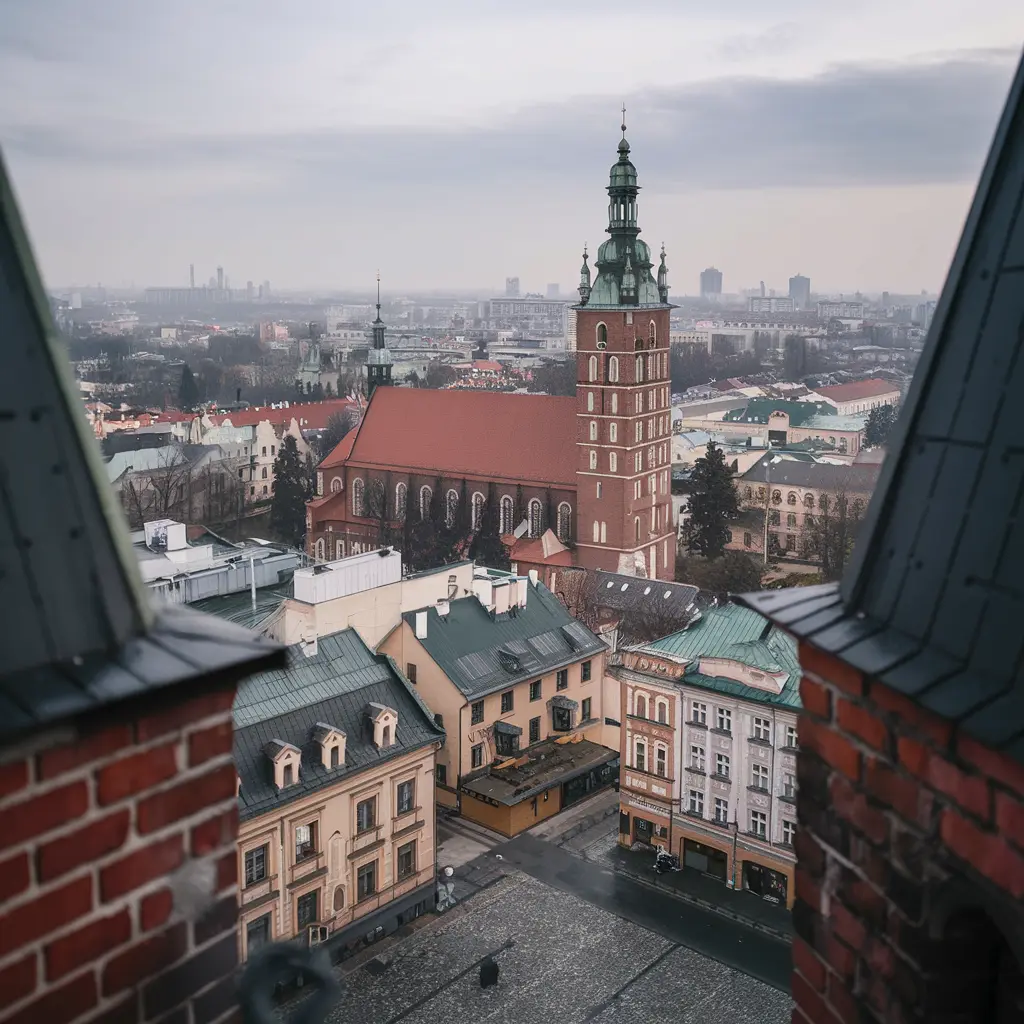 A photo of the Krakow City in Poland. The photo is taken from the top of a tower, overlooking the red brick St. Mary's Churchand the surrounding city. The city is filled with buildings in various styles, from Gothic to Baroque. In the foreground, there's a cobblestone path. The sky is overcast.