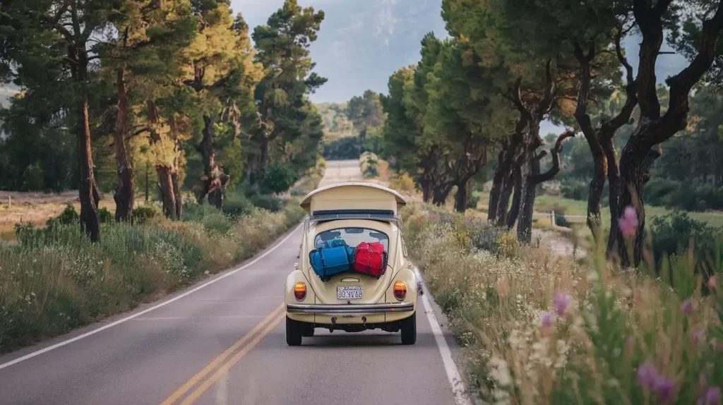 A photo of a road trip with a car driving on a scenic country road. The road is lined with tall trees and wildflowers. The car is a vintage Volkswagen Beetle with a pop-up roof. The car is packed with luggage and camping gear. The background reveals a mountain range.