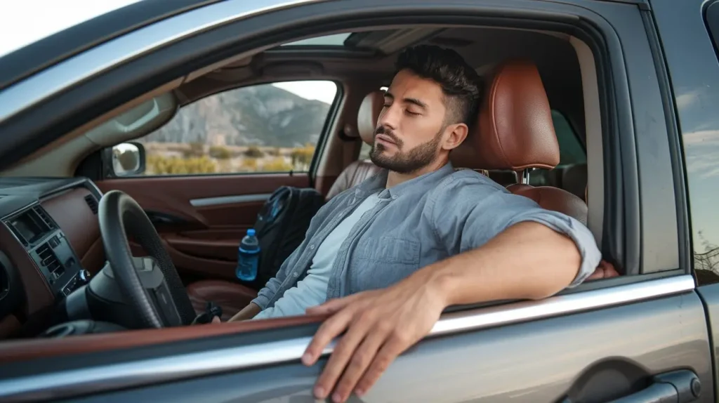 a man tired on a road trip on car