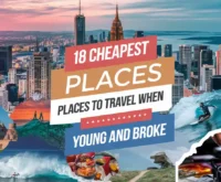 a collage of a city with text on front: 18 Cheapest Places to Travel When You're Young and Broke