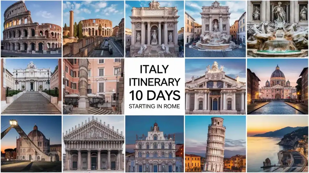 a collage of different buildings with text Italy Itinerary 10 Days Starting in Rome