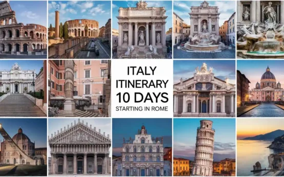 a collage of different buildings with text Italy Itinerary 10 Days Starting in Rome