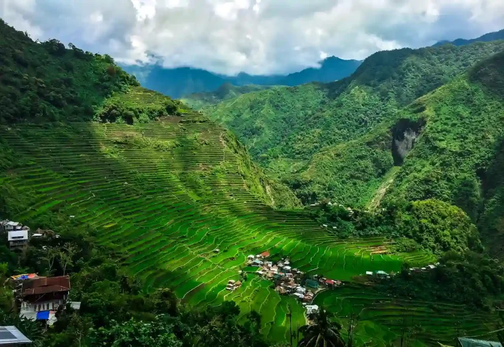 a green hills with a village in the background