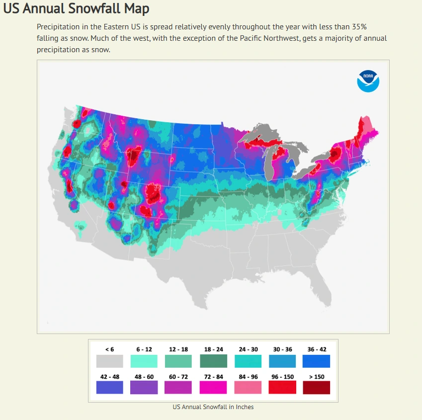 map of US places where it snows