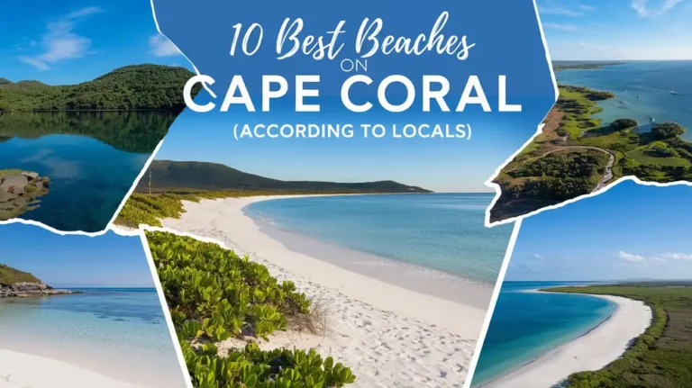 Collage of beach images in Cape Coral with text overlay: 10 Best Beaches on Cape Coral (According to Locals). The images show clear blue water, white sand, and lush greenery.