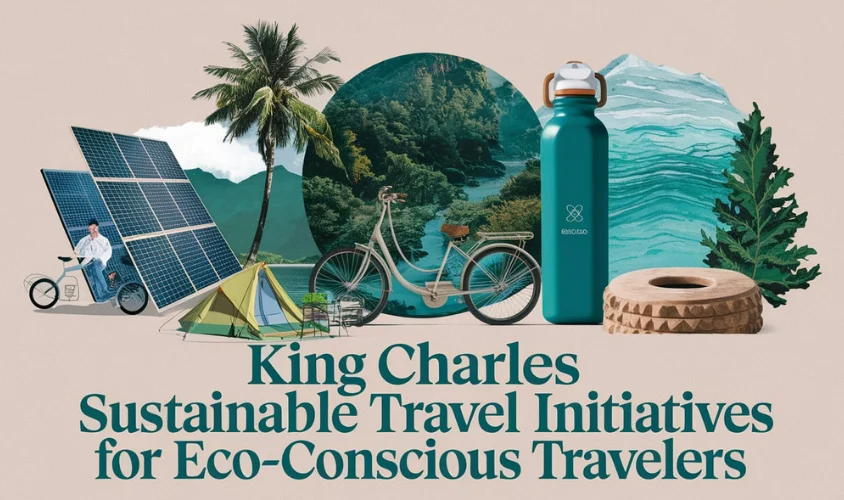 Collage depicting sustainable travel elements: a man on an electric scooter near solar panels, a green water bottle, a bicycle, a tent, a wheel, a large leaf, a palm tree, a forest, and a wave. Text reads, "King Charles Sustainable Travel Initiatives for Eco-Conscious Travelers.