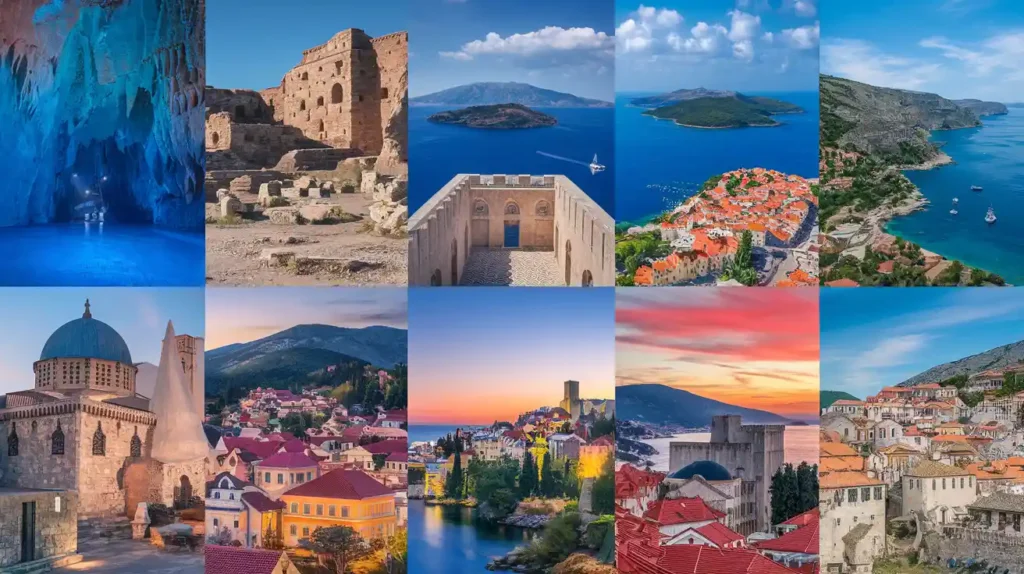 Collage of Mediterranean scenes: illuminated cave, ancient ruins, a small island, coastal towns with terracotta roofs, a hilltop fortress, and a vibrant sunset over the sea, showcasing natural and architectural beauty.