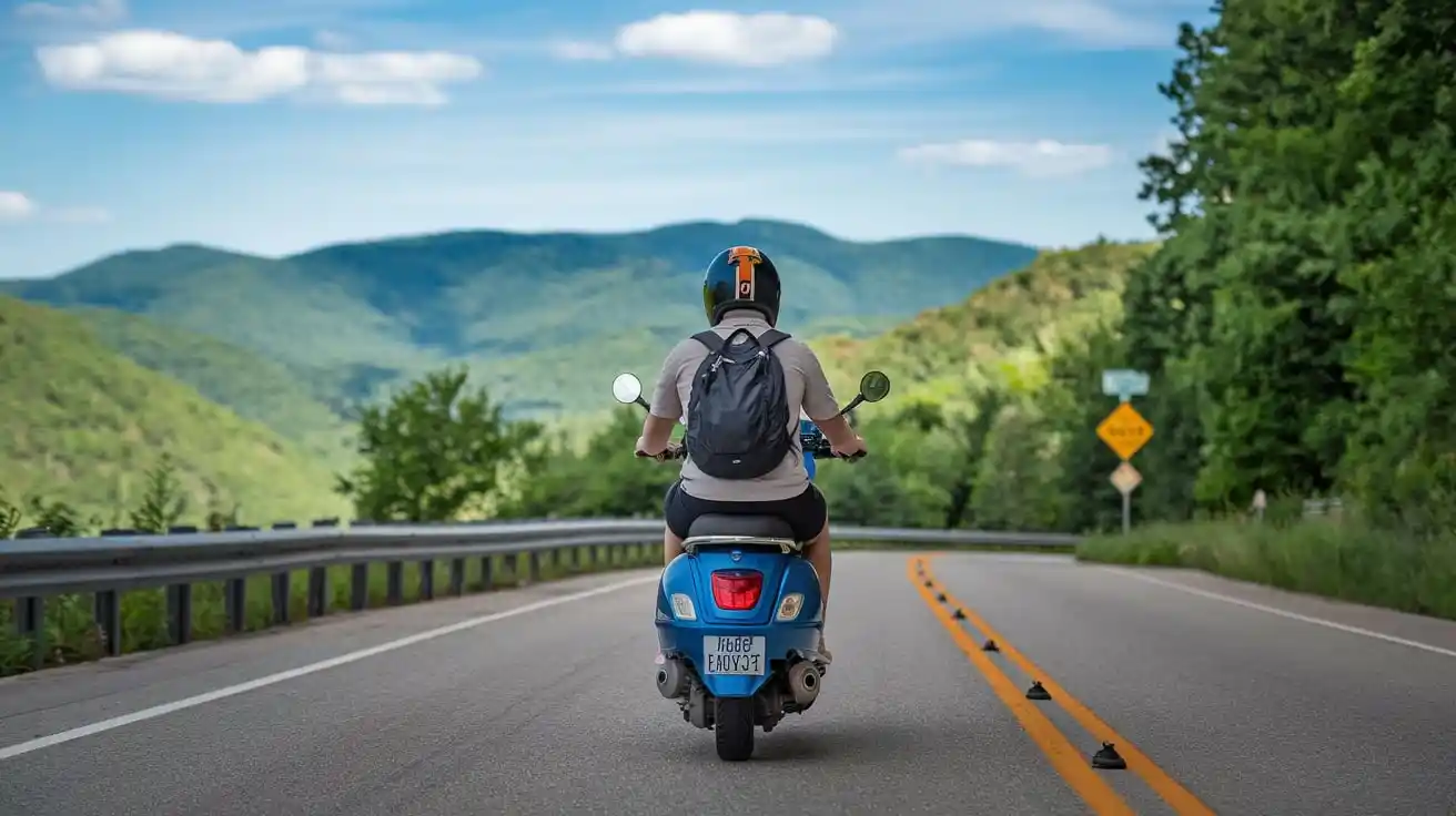 A person wearing a helmet and backpack rides a blue scooter down a winding road with yellow lines. The lush green mountains and trees surround the road under a partly cloudy sky. A caution sign is visible on the right.