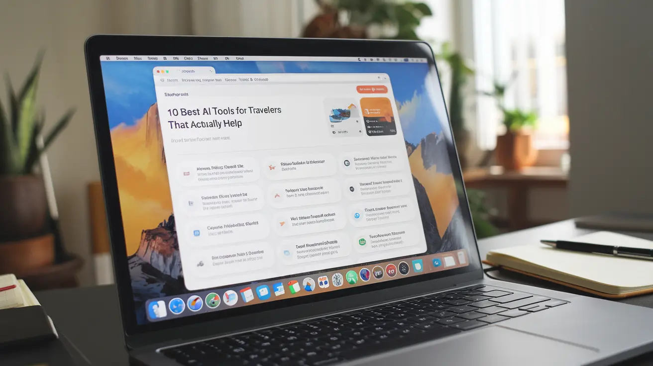 A laptop displaying a webpage titled 10 Best AI Tools for Travelers That Actually Help is on a table. The screen shows a list of tools, with a colorful mountain wallpaper in the background. A potted plant and a notepad are visible nearby.