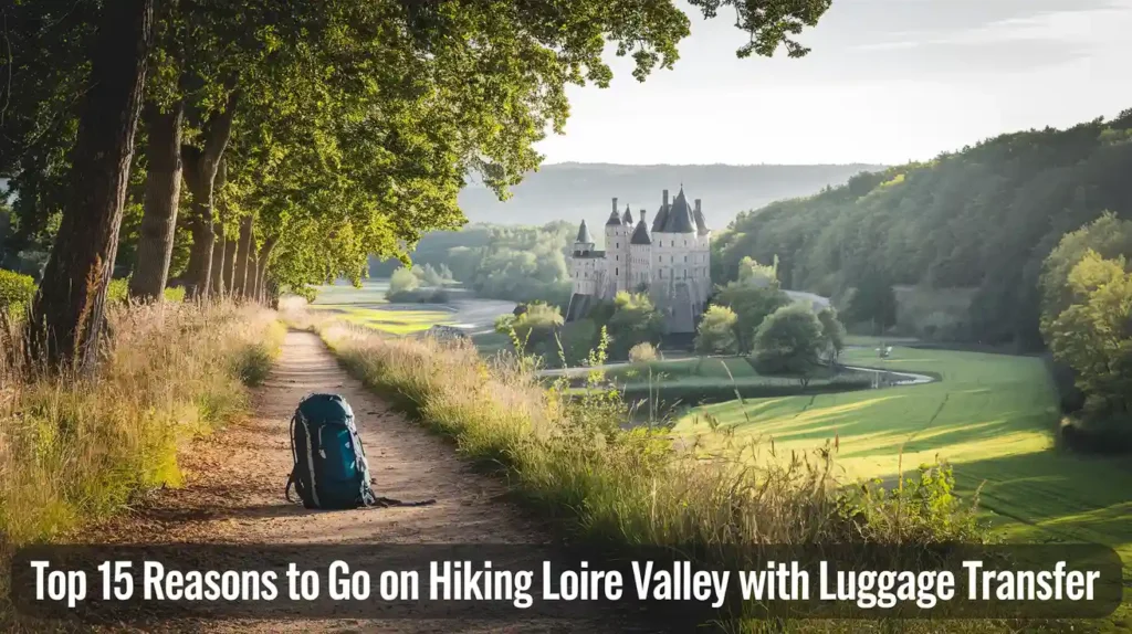 A dirt path winds through a lush, green landscape with a lone backpack resting on it. Trees line the path, leading to a distant castle surrounded by forests under a clear sky. Text overlay says, Top 15 Reasons to Go on Hiking Loire Valley with Luggage Transfer.