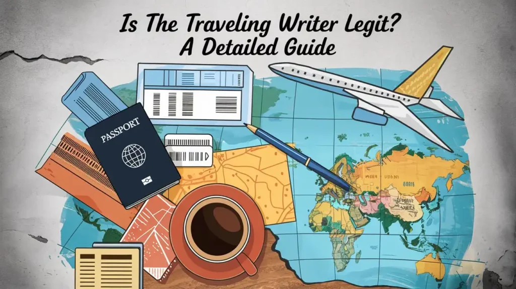 A stylized map with a coffee cup, passport, boarding ticket, and airplane icon. Text reads: Is The Traveling Writer Legit? A Detailed Guide. Items suggest travel and writing themes.