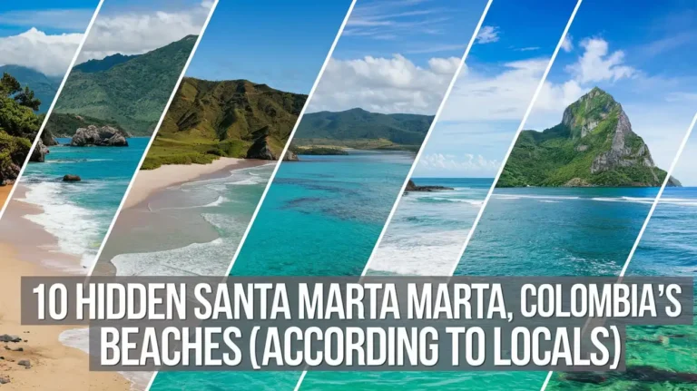 A collage of four tropical beaches with turquoise waters and lush green mountains. Text overlay reads, 10 Hidden Santa Marta's Colombias Beaches (According to Locals).