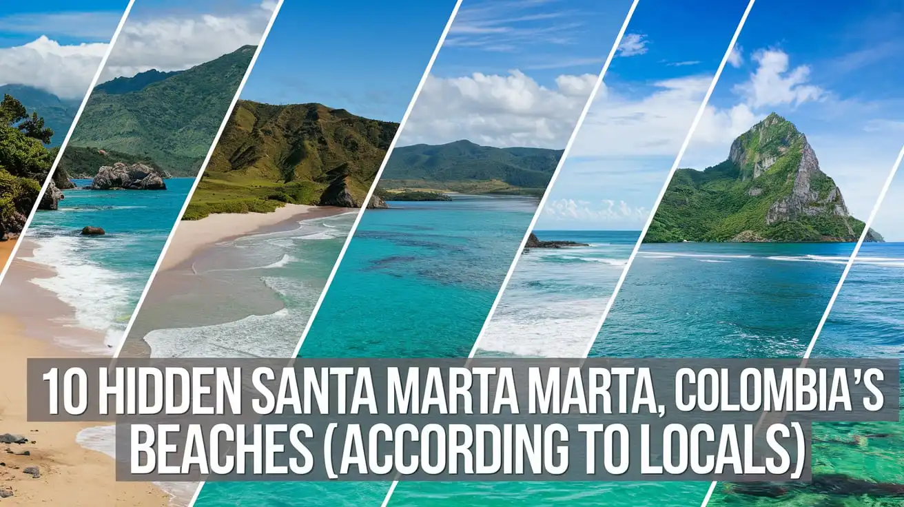 A collage of four tropical beaches with turquoise waters and lush green mountains. Text overlay reads, 10 Hidden Santa Marta's Colombias Beaches (According to Locals).