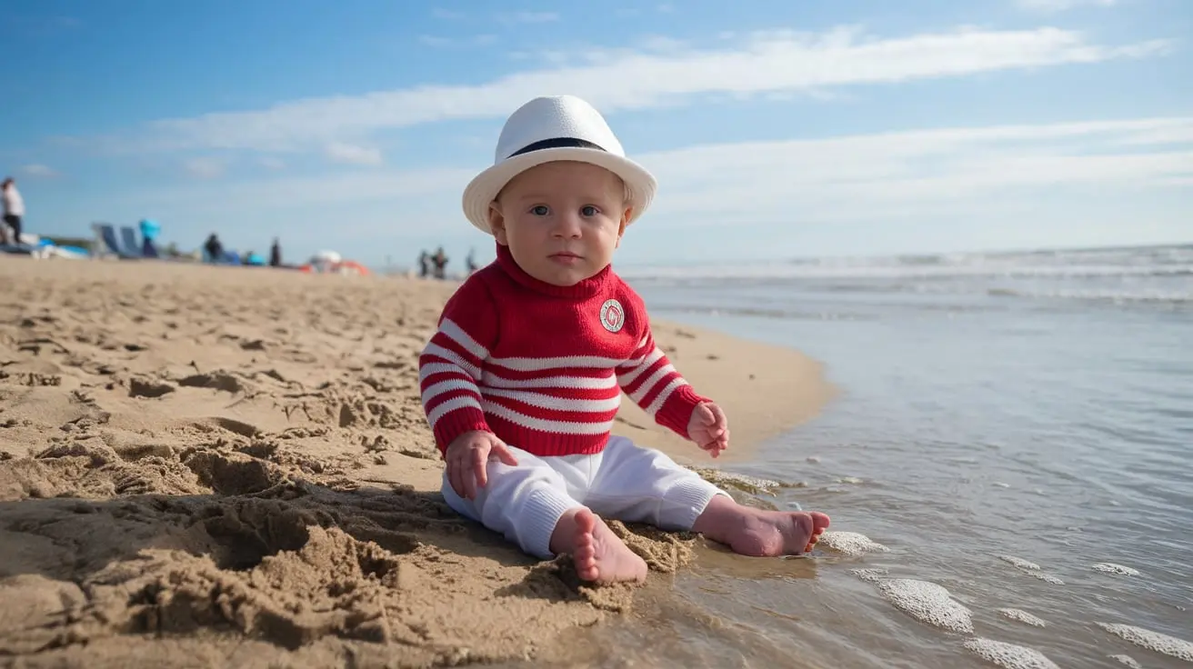 A baby sits on the sandy beach wearing a red and white striped sweater, white pants, and a white hat. The baby looks towards the camera with the ocean and blue sky in the background.