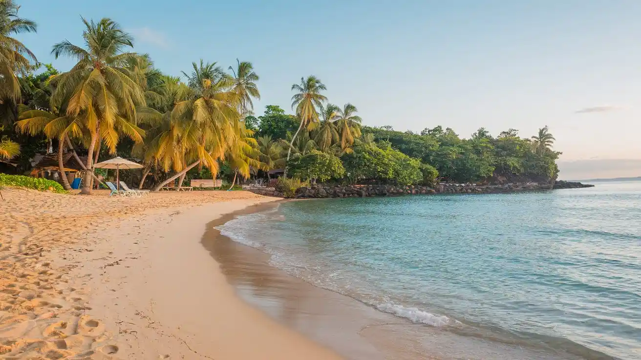 A serene tropical beach with golden sand, gentle waves, and clear turquoise water. Tall palm trees lean towards the sea under a clear blue sky. In the background, lush green foliage covers a rocky outcrop El Salvador Beaches