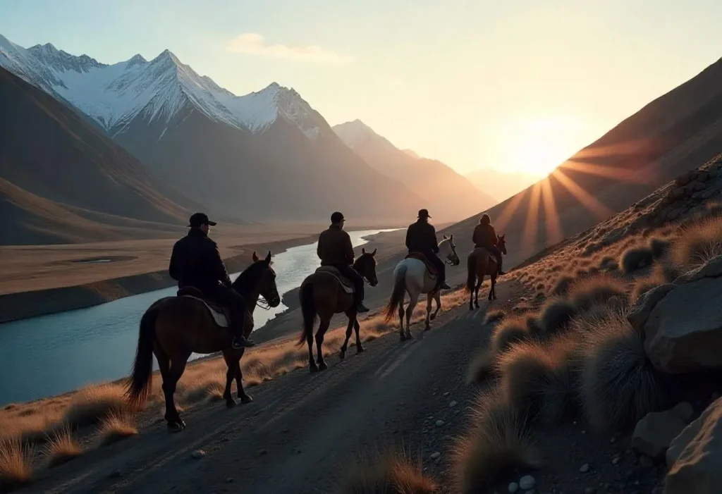 Four riders on horseback traverse a narrow path alongside a river, with snow-capped mountains in the distance. The sun sets over the horizon, casting a warm glow across the Guide to Horseback Tour of the Last Wild Apple Forest Kazakhstan