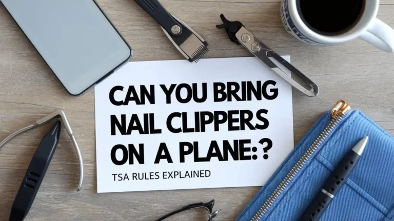 A flat lay image showing a phone, nail clippers, a pen, a cup of coffee, and a blue wallet surrounding a paper that reads CAN YOU BRING NAIL CLIPPERS ON A PLANE?: TSA RULES EXPLAINED.