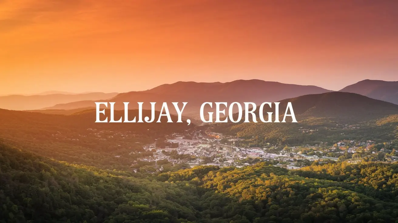 A picturesque view of Ellijay, Georgia, with a town nestled in a lush, green valley surrounded by forested hills. The sky is an orange hue, indicating either sunrise or sunset. The town name ELLIJAY, GEORGIA is overlaid in white text. Secret Things to Do in Ellijay GA