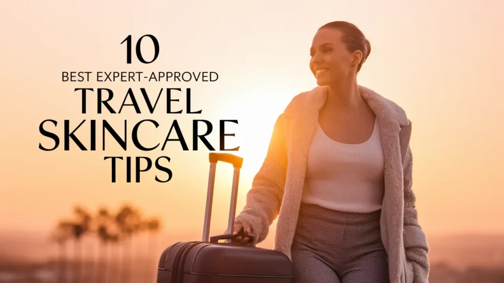 A smiling woman in a coat pulls a suitcase at sunset. Text reads, 10 Best Expert-Approved Travel Skincare Tips.